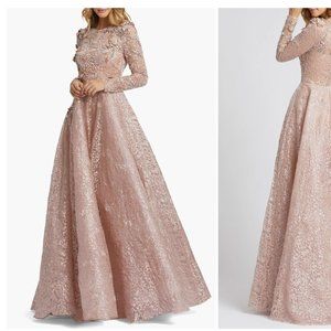 Mac Duggal Floral Embroidered & Beaded Long Sleeve A-Line Mesh Gown
